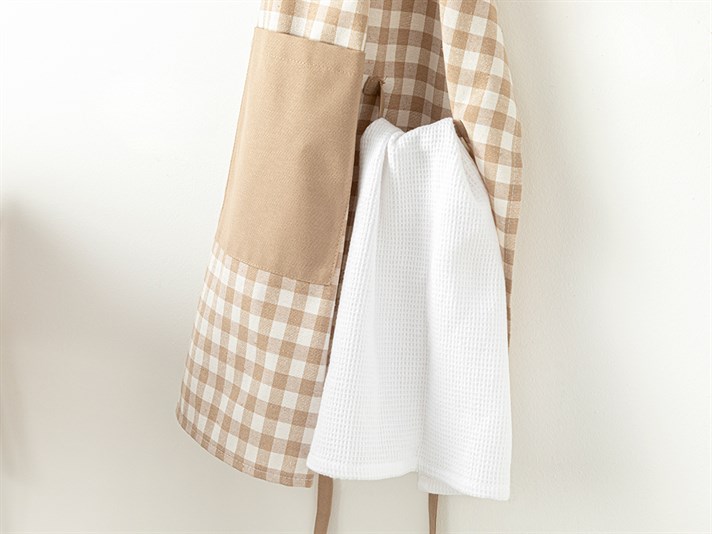 Gingham Cotton Polyester Kitchen Apron Beige