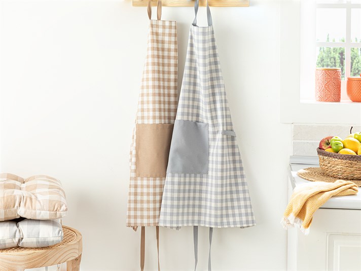 Gingham Cotton Polyester Kitchen Apron Beige