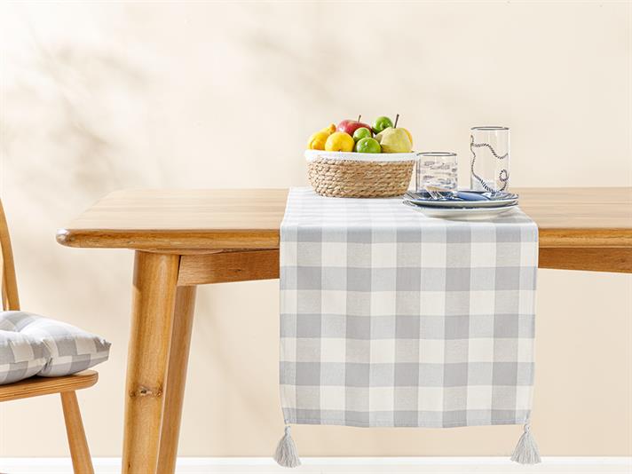 Gingham Cotton Polyester Fringed Runner 40x140 cm Gray