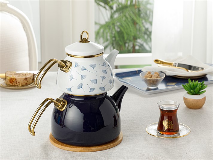 Gingko Biloba Enamel Tea Pot 1,1 Litre + 2,3 Litre White-NavyBlue