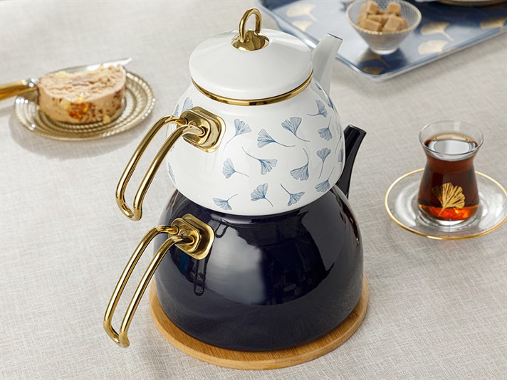 Gingko Biloba Enamel Tea Pot 1,1 Litre + 2,3 Litre White-NavyBlue