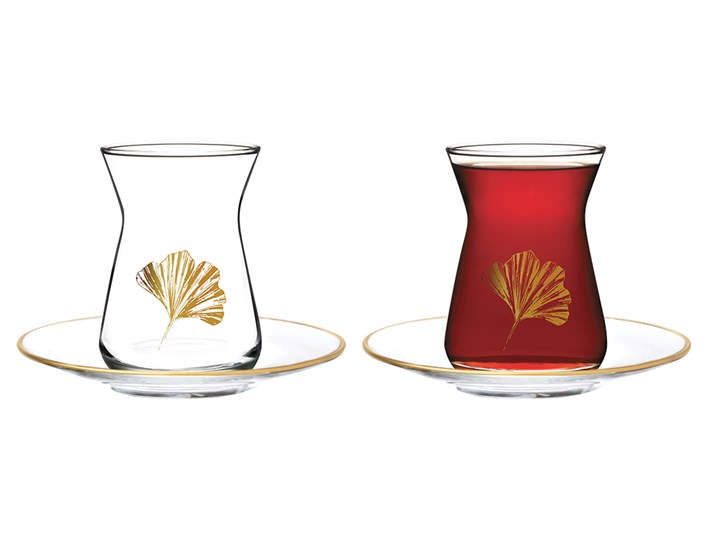 Gingko Biloba Glass 12 Pieces Tea Set 130 ml Gold