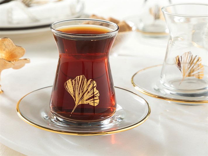 Gingko Biloba Glass 12 Pieces Tea Set 130 ml Gold