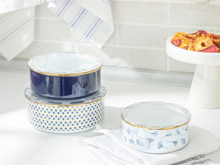 Gingko Biloba Enamel 3 Set Storage Box 14 - 16 - 18 cm White-NavyBlue