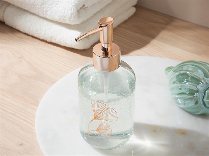 Gingko Leaf Sticlă Recipient Săpun Lichid Baie 7x7x18 cm Rose Gold.