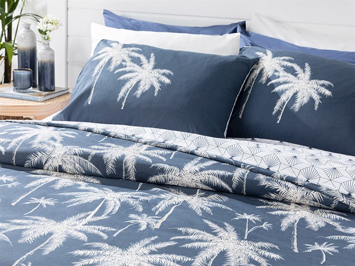 Glitter Palm Set De Lenjerıe De Pat Persoană Dublă, Din Bumbac, 200*220 Cm, Albastru Marin