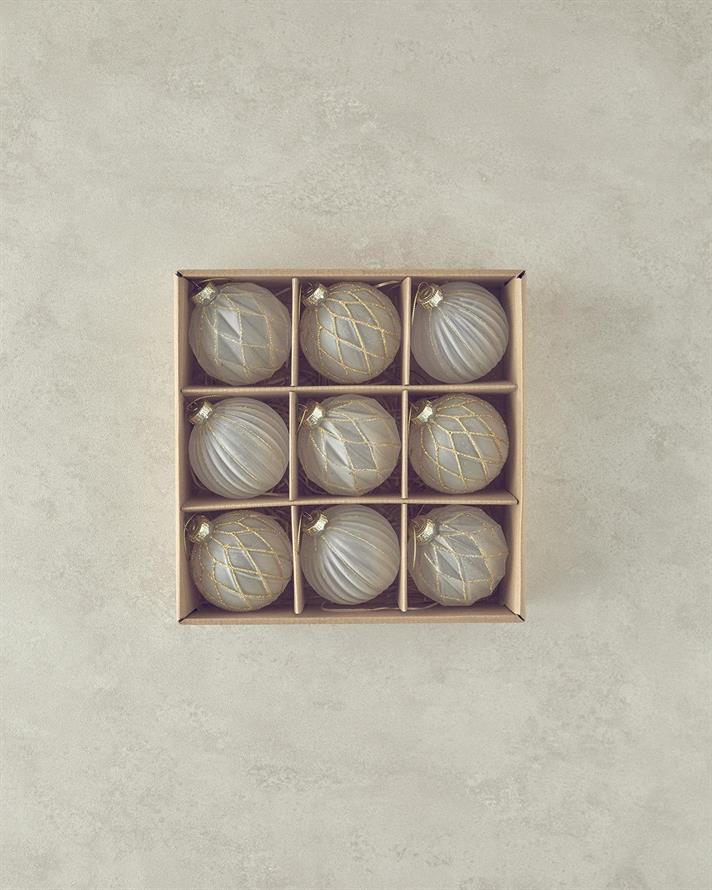 Gold Striped, Set 9 globuri Crăciun, sticlă, 8 cm, alb-auriu