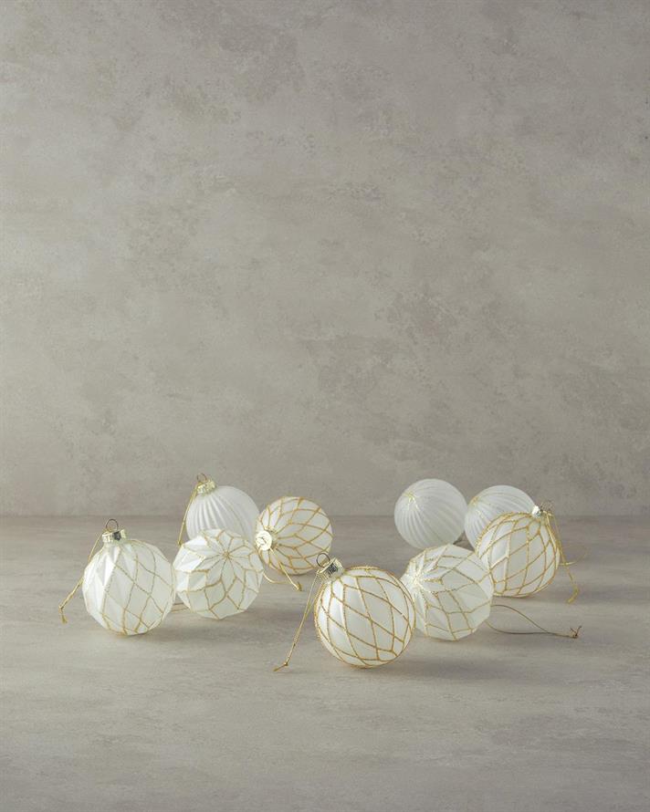 Gold Striped, Set 9 globuri Crăciun, sticlă, 8 cm, alb-auriu
