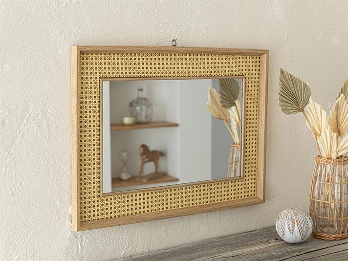 Oglindă de perete, Hazeran, plastic-mdf-rattan, 50x70 cm, maro