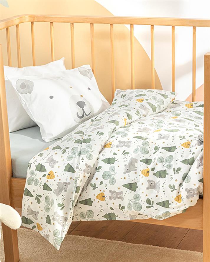 Set complet lenjerie pentru pătuț bebe, Honey Bear, 100x150 cm, bumbac, verde