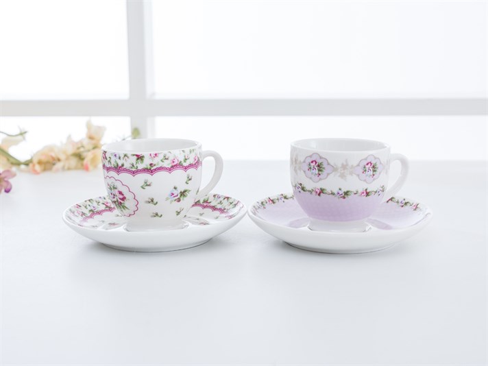 Winter Rose Bone China 4 Pieces 2 Servings Coffee Cup Set 100 ml Pink