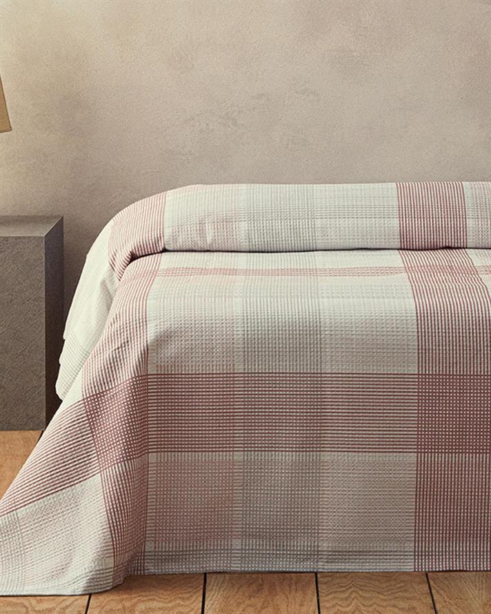 Patura subtire, pentru doua persoane, Pure Plaid, bumbac, 200x220 cm, roz