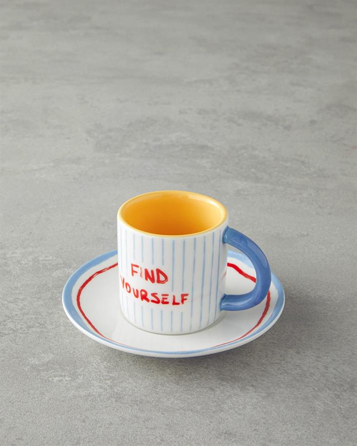 Jolly Waves Porțelan New Bone China 4 Piese 2 Persoane Set De Cești De Cafea 100 ml Roșu - Albastr
