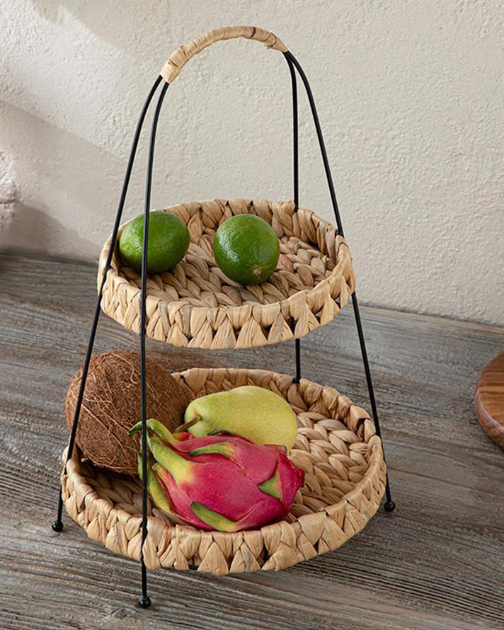 Karen Etajeră Două Niveluri Suprapuse, Paie, 42 Cm, Albastru-Beige