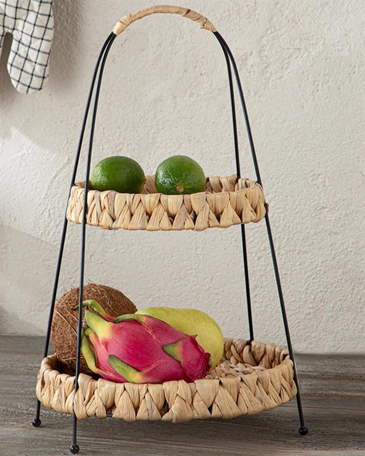 Karen Etajeră Două Niveluri Suprapuse, Paie, 42 Cm, Albastru-Beige