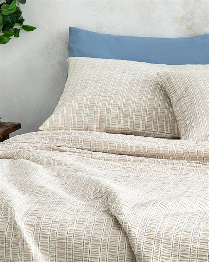 Lenjerie de pat completă, King Size, Crispate, bumbac-poliester-elastan, 240x220 cm/ 180x200 cm/ 50x70 cm, bej deschis