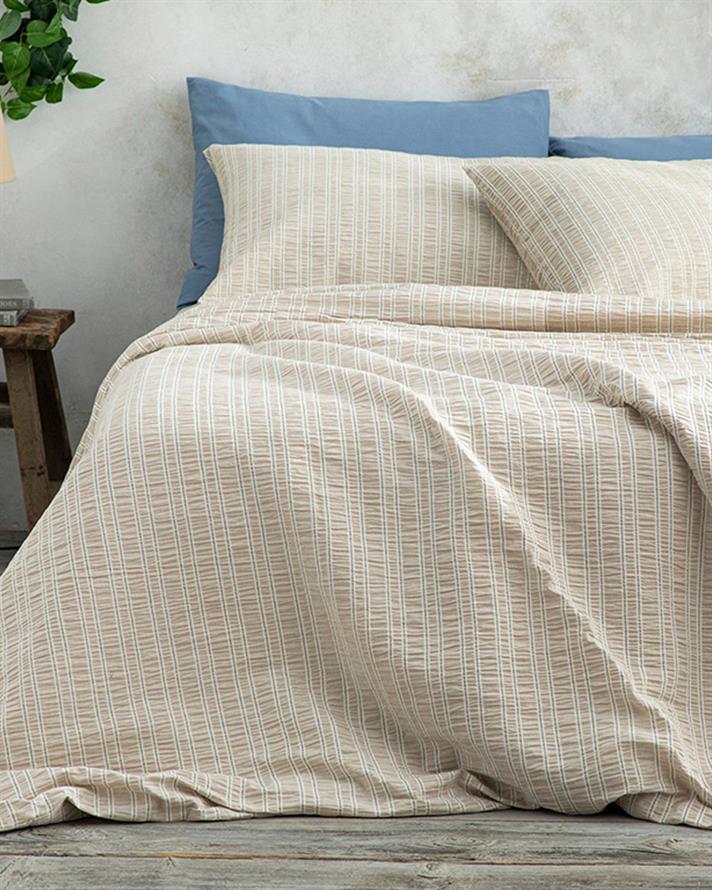 Lenjerie de pat completă, King Size, Crispate, bumbac-poliester-elastan, 240x220 cm/ 180x200 cm/ 50x70 cm, bej deschis