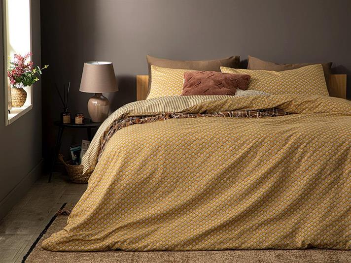 Lenjerie de pat completa, King Size, Palm, Bumbac, 240x220 cm/180x200 cm/50x70 cm, galben mustar