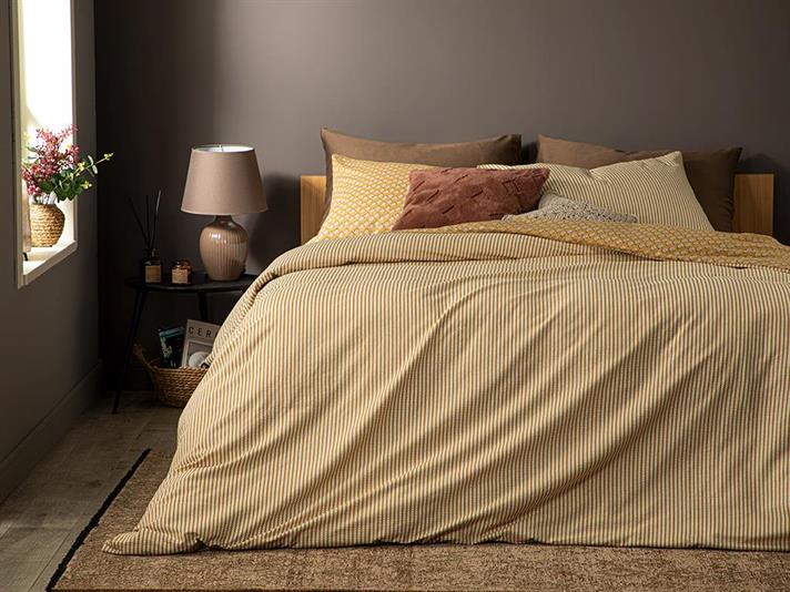 Lenjerie de pat completa, King Size, Palm, Bumbac, 240x220 cm/180x200 cm/50x70 cm, galben mustar