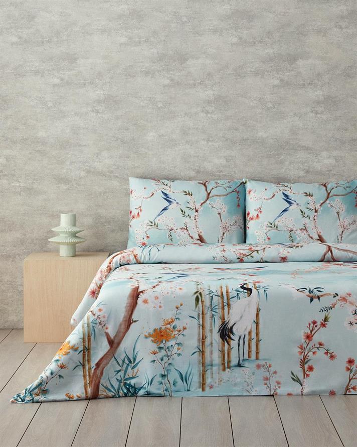 Lenjerie de pat completa pentru doua persoane, Bright Shinrin, bumbac-viscoza, 200x220 cm/160x200 cm/50x70 cm, turcoaz