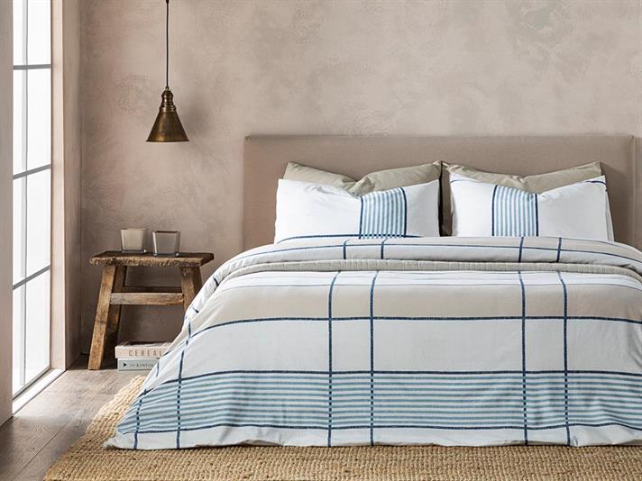 Lenjerie de pat completa, pentru doua persoane,Textured Lines, polycotton, 200x220 cm/240x260 cm/50x70 cm, alb-Bej-bleu