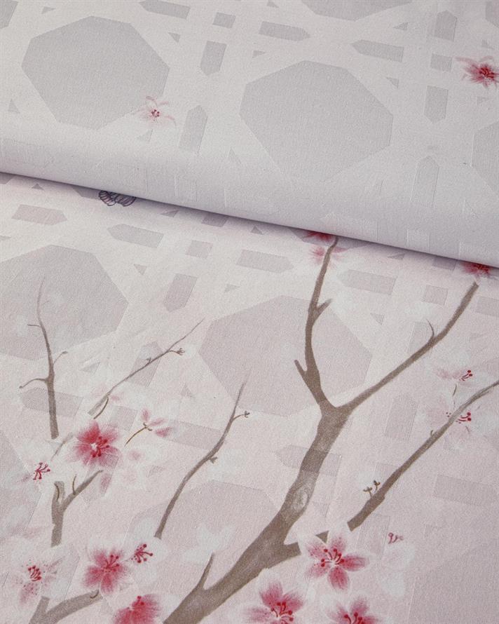 Lenjerie de pat completa pentru doua persoane, Sakura Komorebi, bumbac-viscoza, 200x220 cm/160x200 cm/50x70 cm, roz