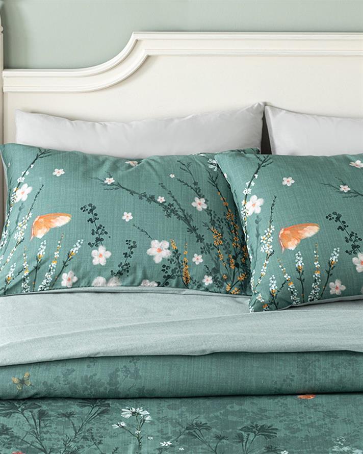 Lenjerie de pat completa pentru doua persoane, Sweet Spring, bumbac, 200x220 cm/160x200 cm/50x70 cm, verde