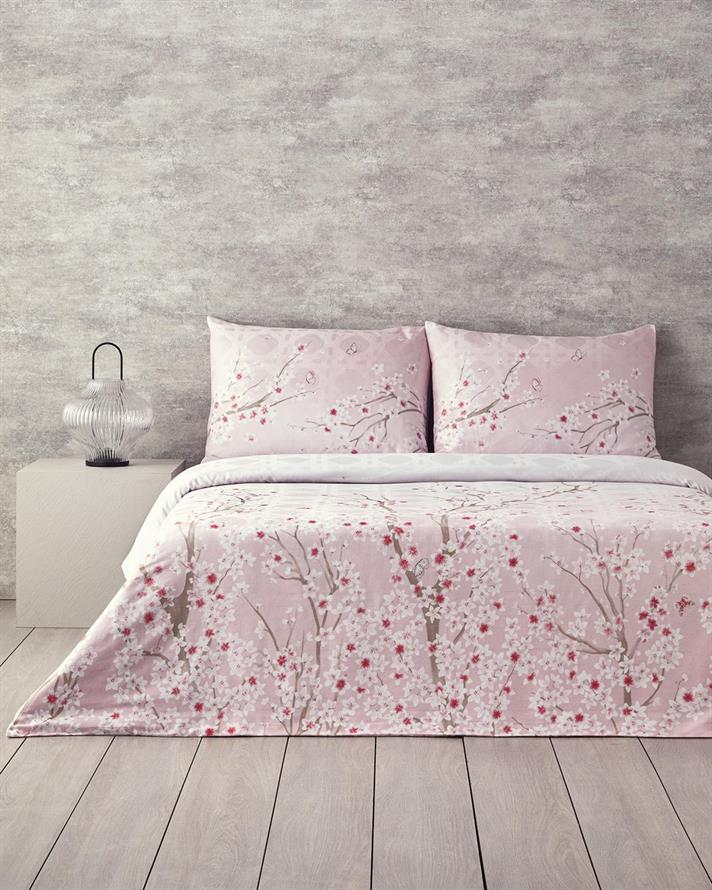 Lenjerie de pat completa pentru doua persoane, Sakura Komorebi, bumbac-viscoza, 200x220 cm/160x200 cm/50x70 cm, roz