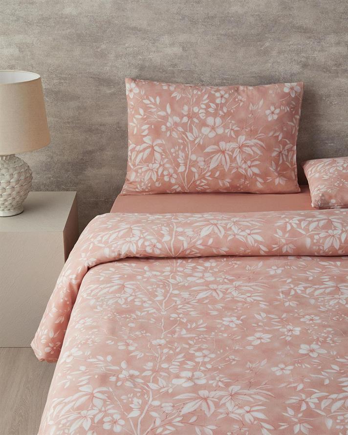 Lenjerie de pat completa, pentru doua persoane, Ivy Flowers, polycotton, 200x220 cm/160x200 cm/50x70 cm, roz prafuit