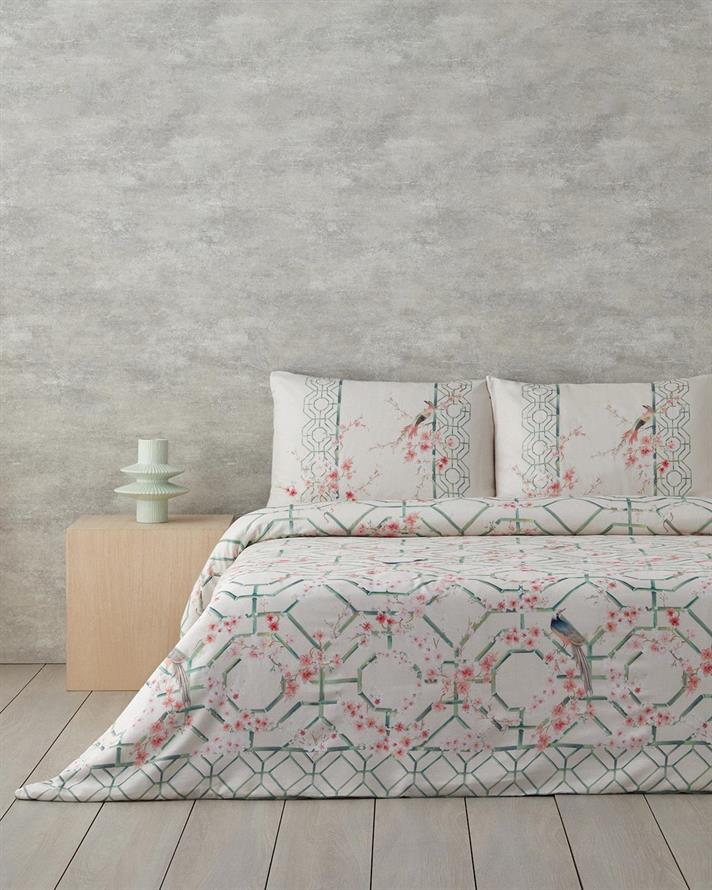 Lenjerie de pat completa pentru doua persoane, Sakura Fence, bumbac-viscoza, 200x220 cm/160x200 cm/50x70 cm, crem