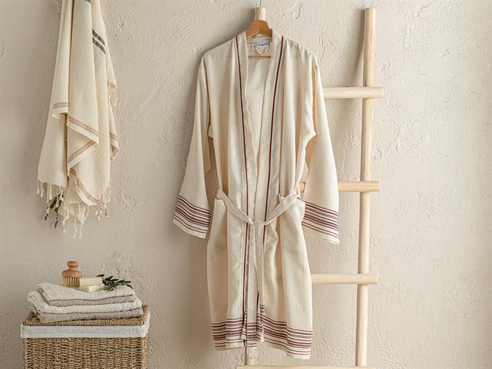 Halat de baie, Lola, bumbac, L-XL, bej – bordo