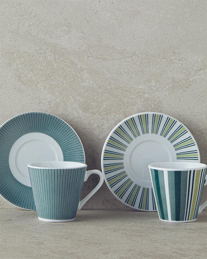 Lori Set De Cești De Cafea 4 Bucăți Pentru 2 Persoane, Porțelan, 80 Ml, Albastru - Muștar - Verde