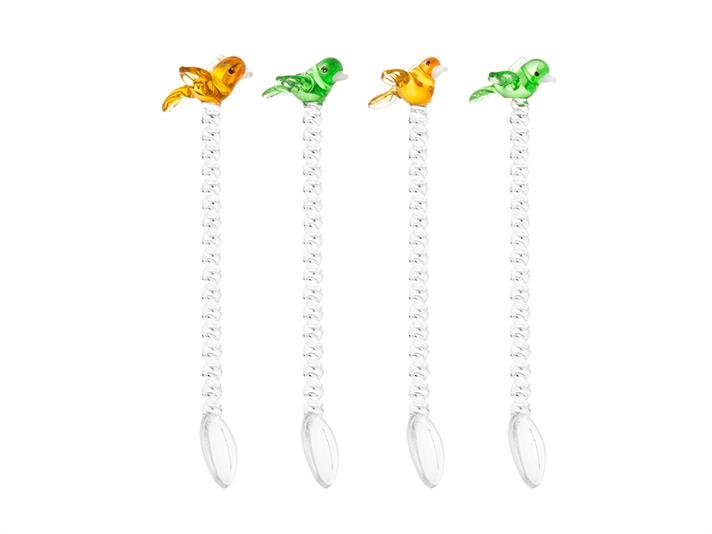 Linguriță de ceai, Love Birds, sticlă, 12 cm, crem - verde - galben