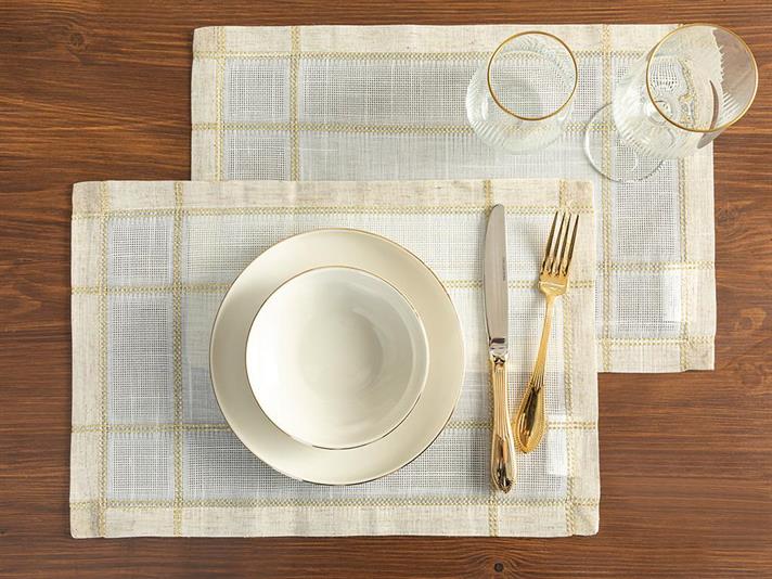 Luxe Linen Look Polyestere 2 Set Place Mat 30x45 cm White-Gold