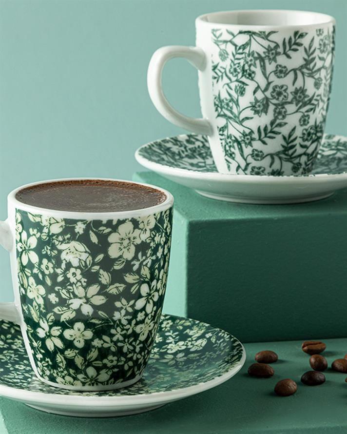 Maia Set De Cești De Cafea 4 Bucăți Pentru 2 Persoane, Porțelan, 100 Ml, Albastru - Muștar - Verde