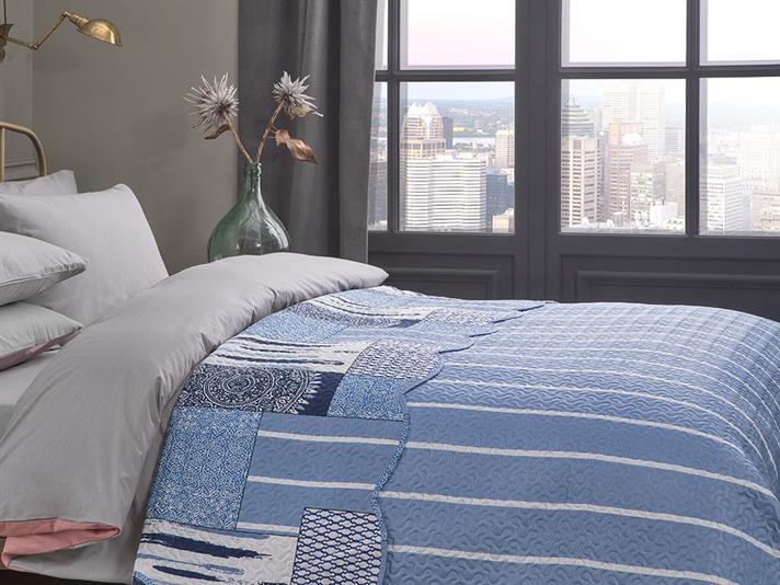 Cuvertură pat, pentru o persoană, Mandala Patchwork, poliester, 160x220 cm, bleu