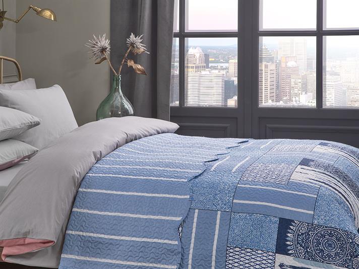 Cuvertură pat, pentru o persoană, Mandala Patchwork, poliester, 160x220 cm, bleu