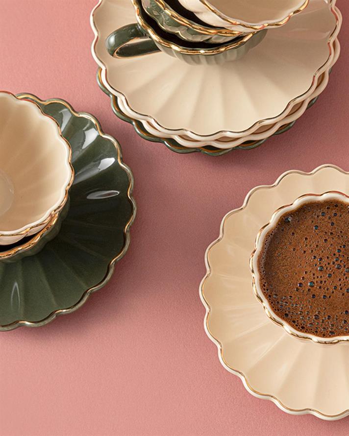 Maria Porcelain 12 Parça 6 Kişilik Coffee Cup Set 90 ml Beige-Green