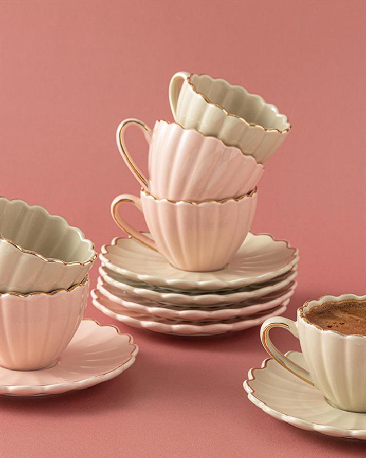 Maria Porcelain 12 Parça 6 Kişilik Coffee Cup Set 90 ml Gray-Pink