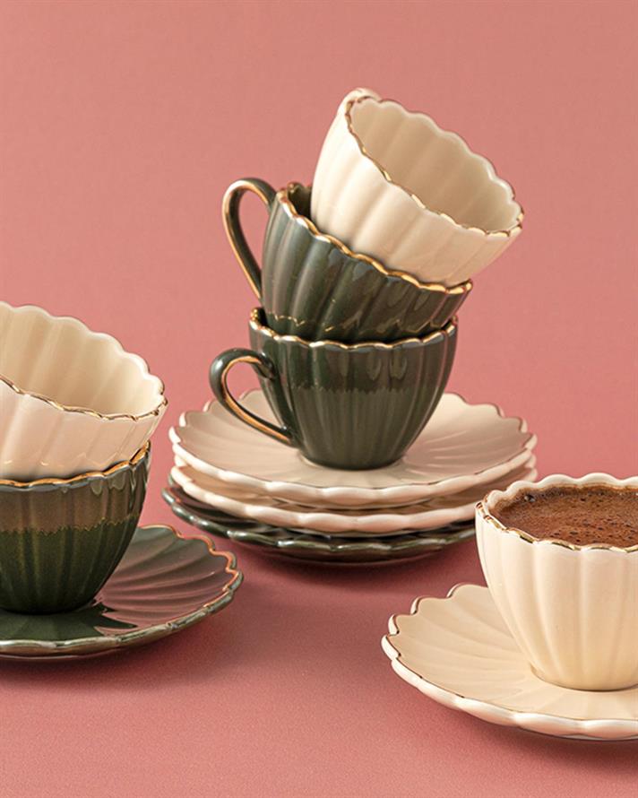 Maria Porcelain 12 Parça 6 Kişilik Coffee Cup Set 90 ml Beige-Green