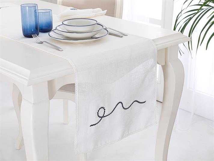 Marin Embroidered Linen Runner 40x150 cm Navy Blue