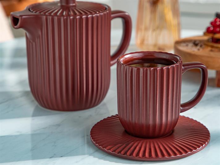 Set ceainic și 2 căni cu farfurie, Martinez, ceramică, 1000 ml + 300 ml, bordo