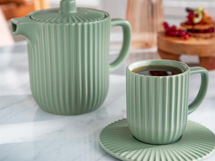 Set ceainic și 2 căni cu farfurie, Martinez, ceramică, 1000 ml + 300 ml, verde