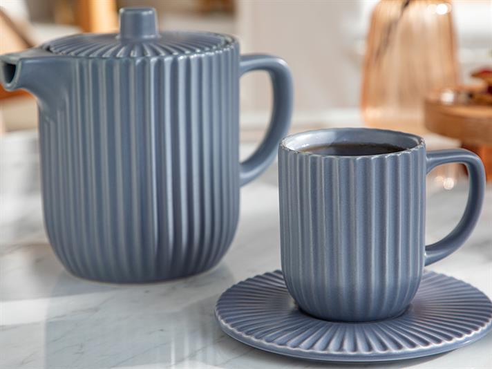 Set ceainic și 2 căni cu farfurie, Martinez, ceramică, 1000 ml + 300 ml, bleu