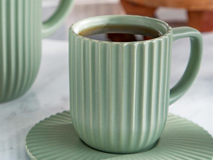 Set ceainic și 2 căni cu farfurie, Martinez, ceramică, 1000 ml + 300 ml, verde