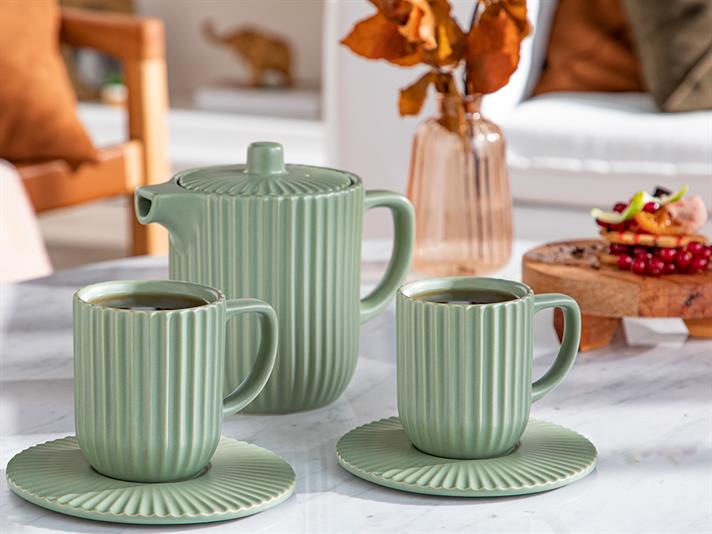 Set ceainic și 2 căni cu farfurie, Martinez, ceramică, 1000 ml + 300 ml, verde