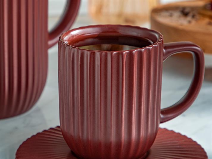 Set ceainic și 2 căni cu farfurie, Martinez, ceramică, 1000 ml + 300 ml, bordo