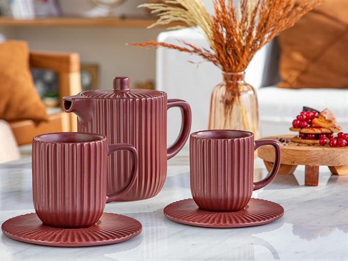 Set ceainic și 2 căni cu farfurie, Martinez, ceramică, 1000 ml + 300 ml, bordo