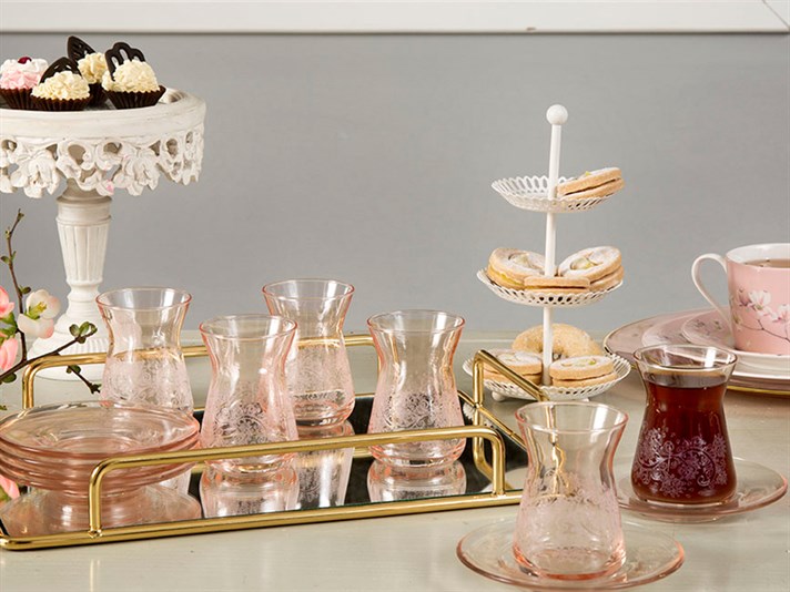 Mia Glass 12 Pieces Tea Set 132 ml Dark Salmon