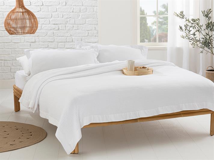 muselină Margine Cu Bandă Satinată Double Set Cuverturi Pat 240x260 cm Alb